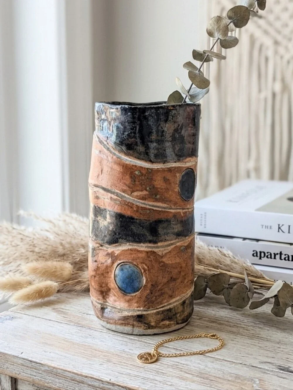 Vintage ceramic flower vase one of a kind artist signed brown blue stripes